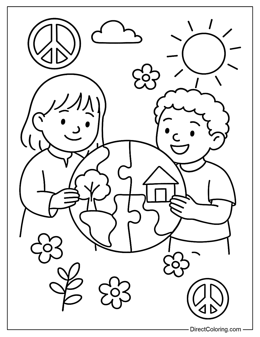 A coloring page of two children from two different cultures putting together pieces of the globe to form a complete circle.